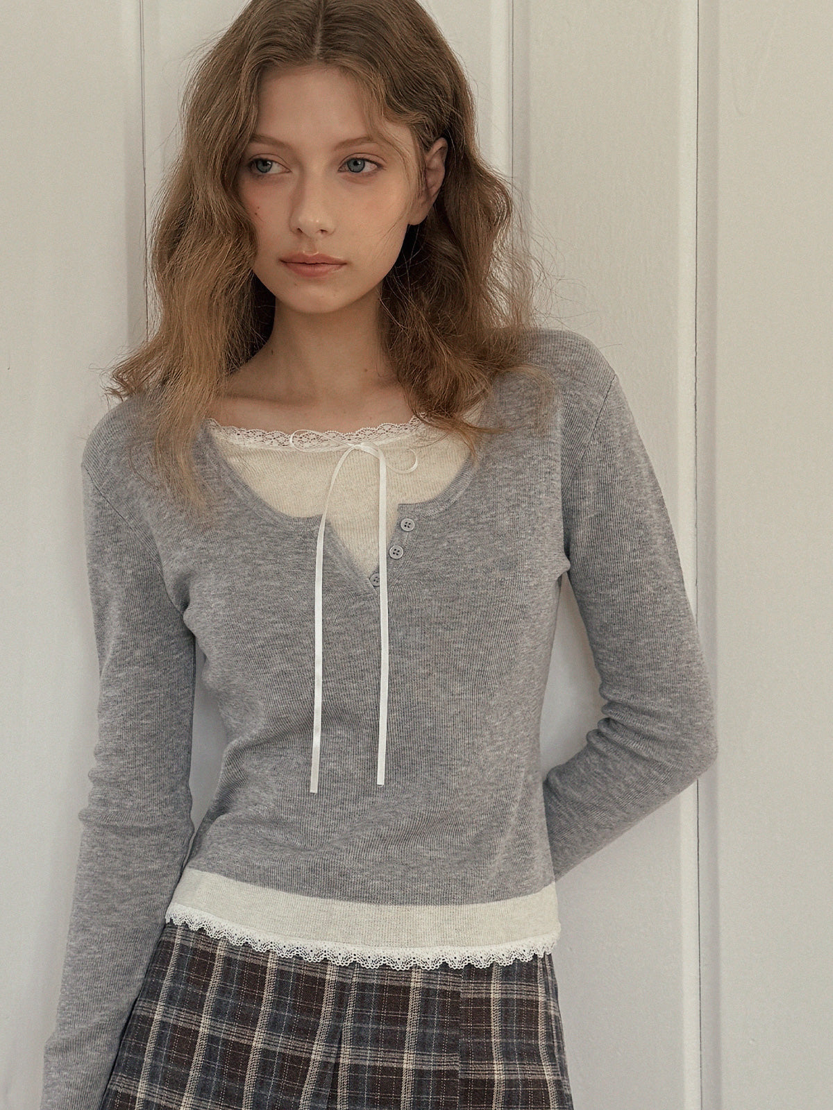 [TWEE] Luzel Tie Layered Long Sleeve Knit