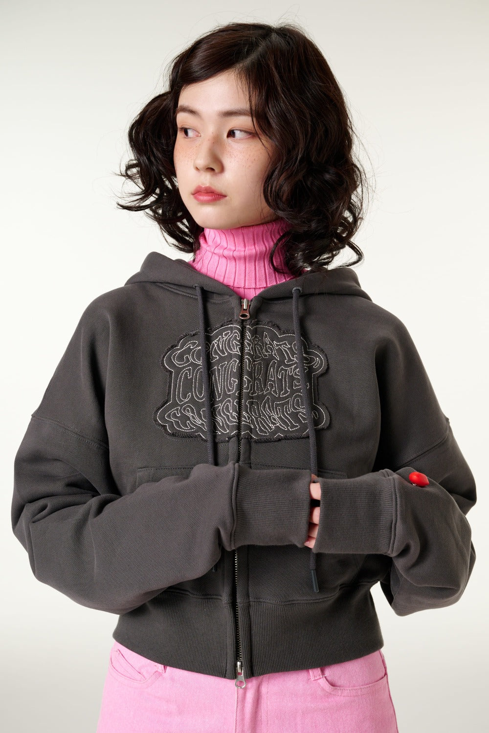 [CLOUD CAKE] Cloud Cake Applique Embroidery Crop Hoodie Zip-up