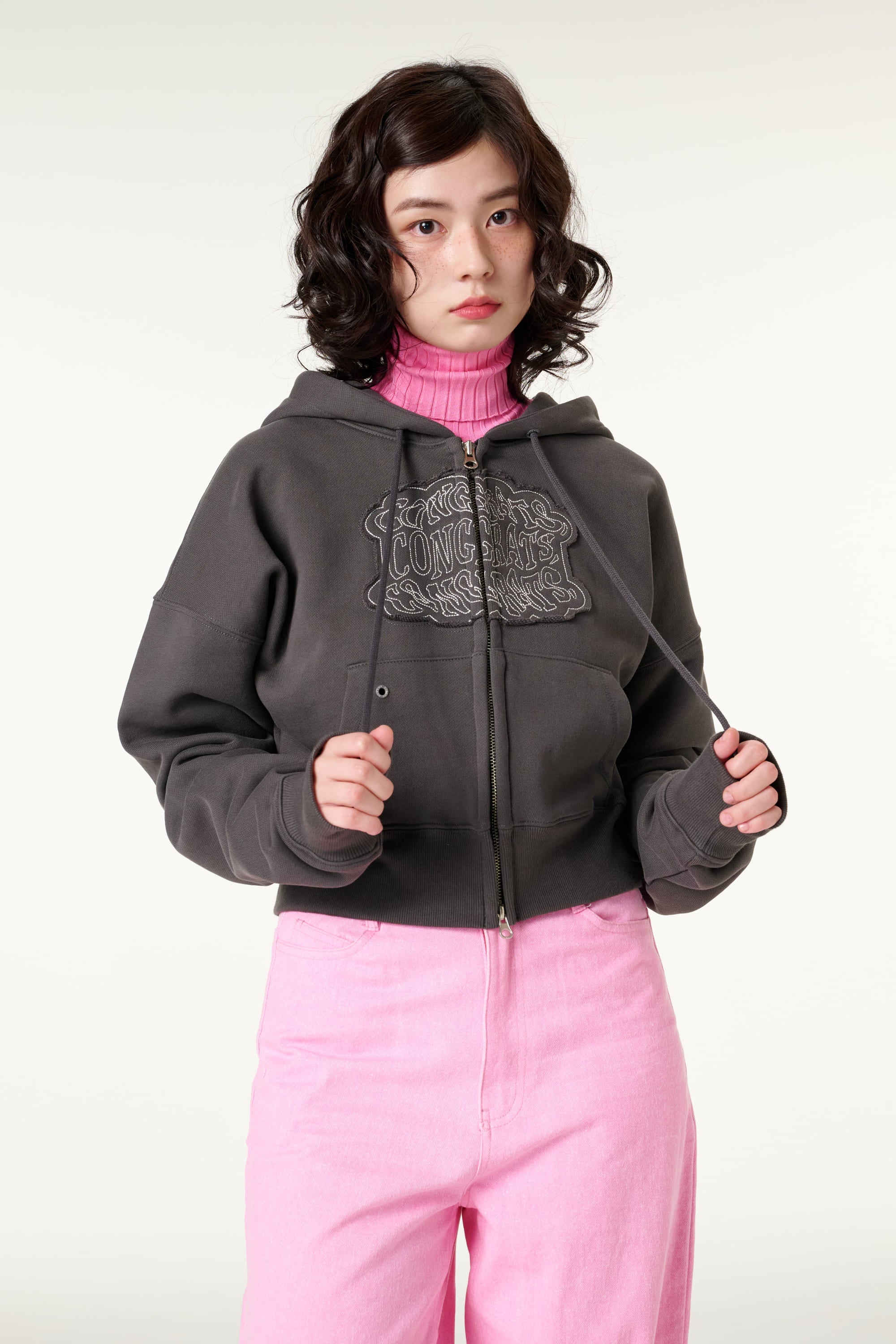 [CLOUD CAKE] Cloud Cake Applique Embroidery Crop Hoodie Zip-up