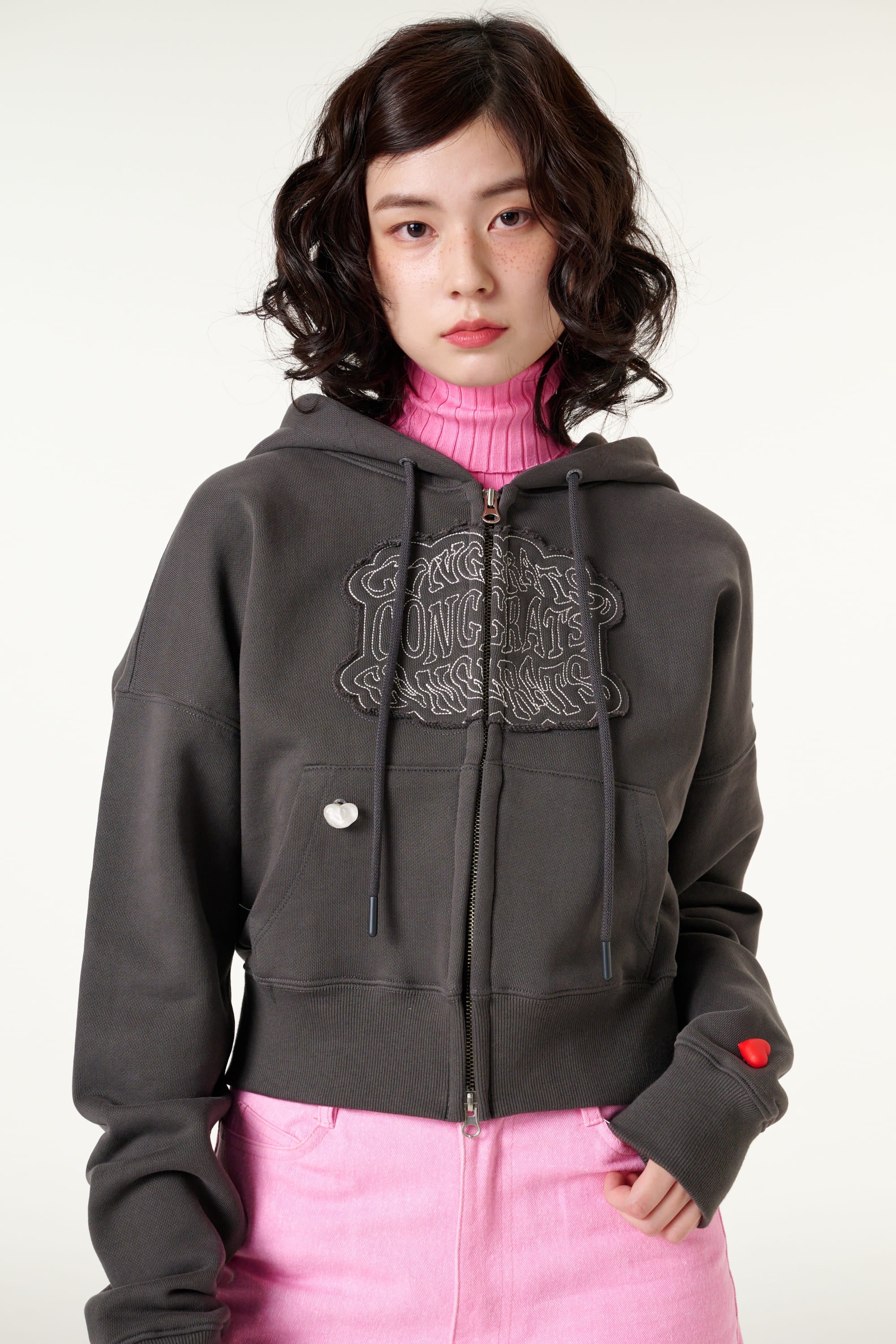 [CLOUD CAKE] Cloud Cake Applique Embroidery Crop Hoodie Zip-up